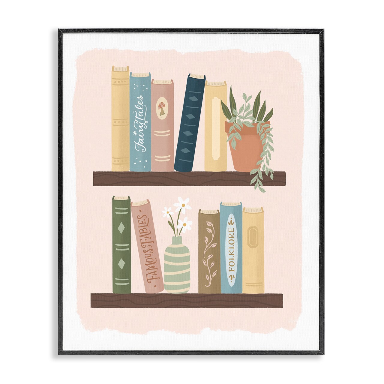 Stupell Industries Minimal Bookshelves with Plant Black Framed Giclee Art, design by Sandra Picco